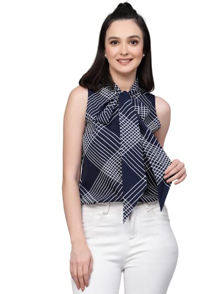 Style Quotient Women Navy and White Geometric Printed Regular Smart Casual Top