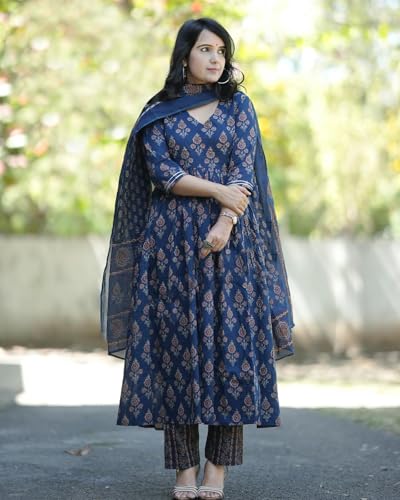 ANNI DESIGNER Women's Rayon Blend Kurta Set with Pants & Dupatta, XL, Blue, Model AMPM Blue-2766