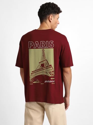 Nobero MenS Graphic Print Oversized Fit T-Shirt (1M-Twrt-C0838-Pal_Wine Red
