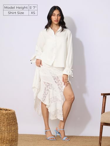 The Souled Store Cotton Linen: Ivory Women and Girls Long Sleeves Collared Neck Button Front Solid Regular Fit Cotton Linen Shir