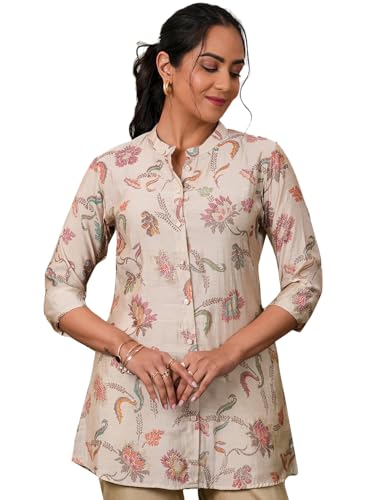 Libas Beige Printed A-Line Silk Blend Kurtis