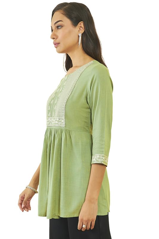 Soch Womens Green Rayon Slub Floral Embroidered Tunic with Sequin Embellishments