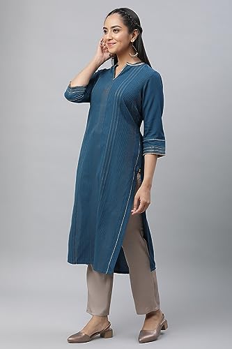 Aurelia Blue Striped Cotton Poly Blend Lace Kurta For Women