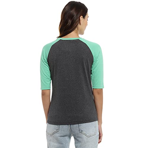 Campus Sutra Womens Mint Green & Charcoal Grey Raglan-Sleeved Top for Casual Wear | Round Neck | Quarter Sleeve | Pull On Closu