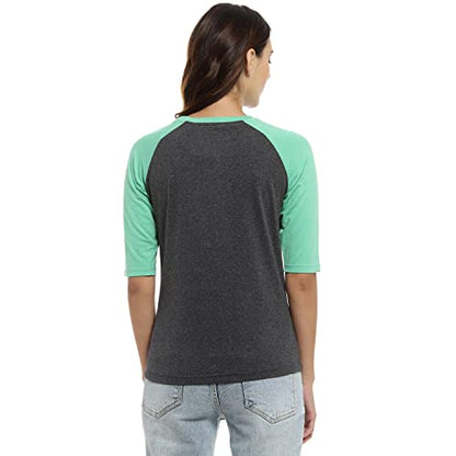 Campus Sutra Womens Mint Green & Charcoal Grey Raglan-Sleeved Top for Casual Wear | Round Neck | Quarter Sleeve | Pull On Closu
