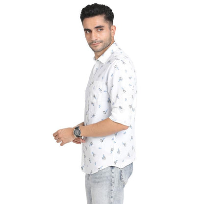 Turtle Men Cotton Linen White Printed Slim Fit Full Sleeve Casual Shirt