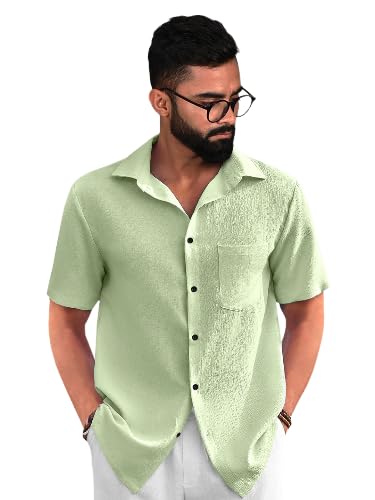 PinkMint Popcorn Shirt for Men ll Textured Shirts for Men ll Stylish Half Sleeve Shirt ll Goa Wear ll Regular Fit Shirt Green
