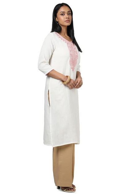 Soch Womens Off White Cotton Embroidered Kurta with Thread Work