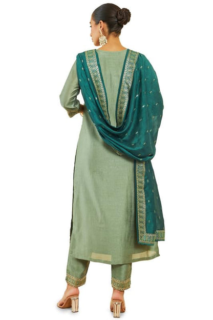 Soch Womens Sap Green Viscose Blend Suit Set With Embroidery And Sequins
