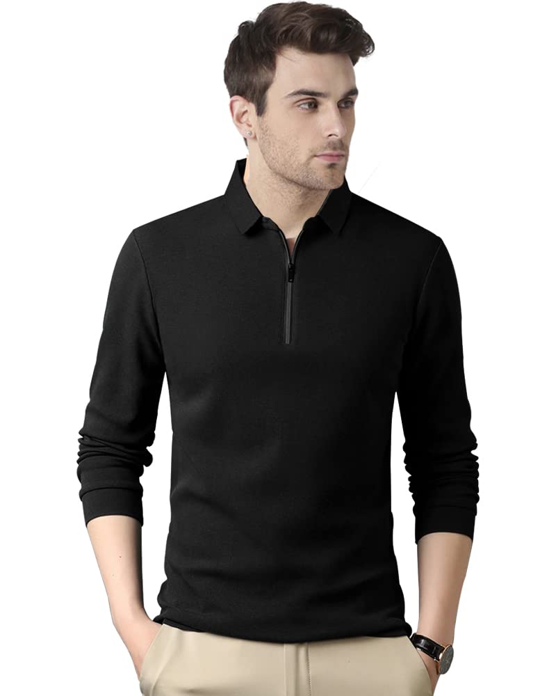 Noble Monk MenS Polo Neck Full Sleeves Solid T-Shirt Black