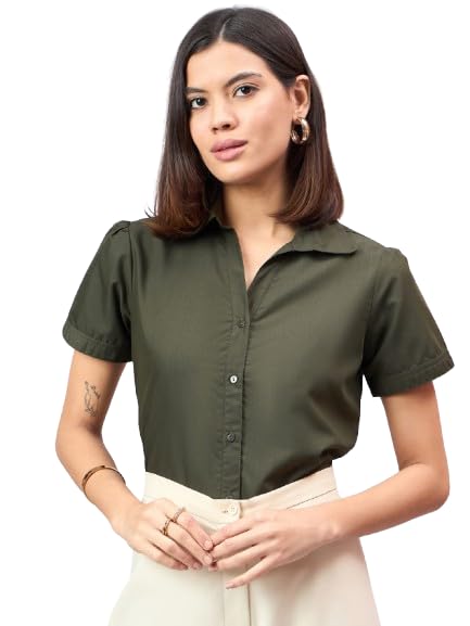 Style Quotient Women Short Sleeves Front Button and Collar Shirt