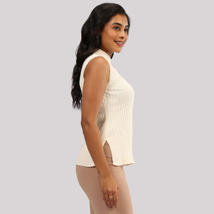 BlissClub Move All Day Sleeveless Top, 100% Cotton,Turtleneck Collar,High Side Slits,Versatile