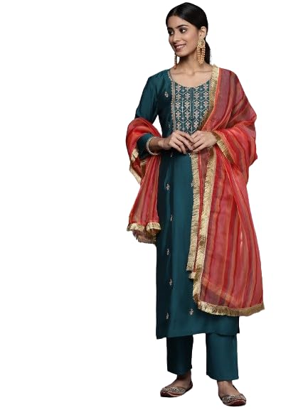 VARANGA teal embroidered kurta paired with straight bottom and digital printed dupatta
