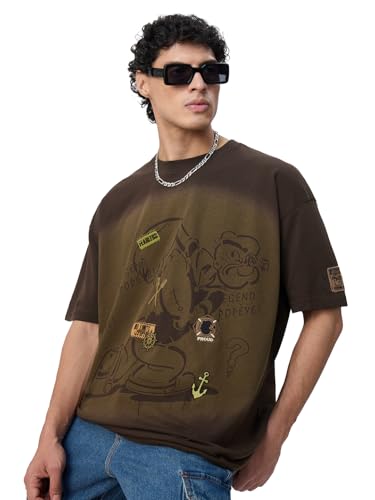 The Souled Store Popeye: Legend Men and Boys Short Sleeves Round Neck Brown Embroidered Streetwear Lightweight Comfortable All-S