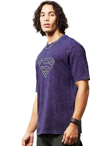 Bewakoof Official Dc Merchandise Super Man MenS Graphic Print Oversized Fit Half Sleeve Round Neck Cotton T-Shirt_677667_Blue_M