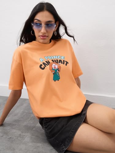 The Souled Store Disney: Women and Girls Short Sleeves Round Neck Orange Typography Graphic Printed Cotton Lightweight Everyday