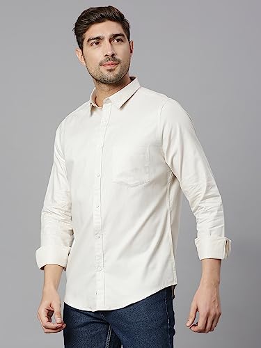 Thomas Scott Mens Solid Slim Fit 100% Cotton Casual Shirt with Spread Collar and Long Sleeve Beige
