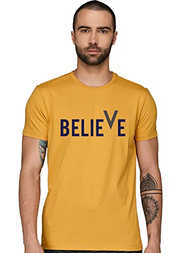 ADRO Men's Believe Design Printed T-Shirt (L, Mustard)