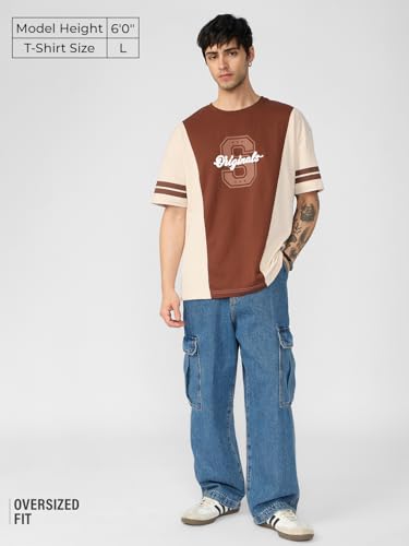 The Souled Store Colourblock T-Shirt: Savanna Men And Boys Short Sleeves Round Neck Brown And Off White Cotton Oversized T-Shirt