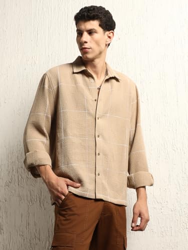 Hubberholme Men Summer Cotton Spread Collar Long Sleeves Oversized Casual Shirt 36 Beige