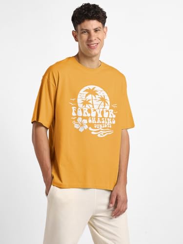 Nobero MenS Oversized Fit T-Shirt (1M-Twrt-C0744-Ac_Apricot Crush