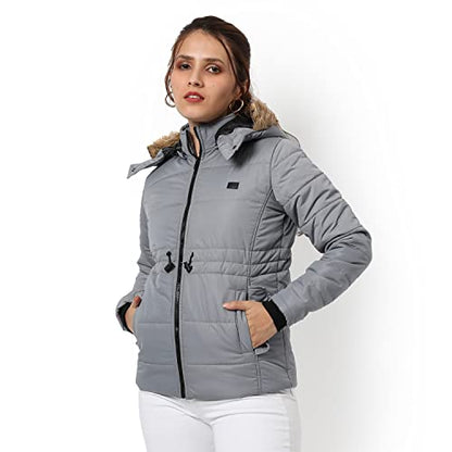 Campus Sutra Womens Grey Hooded Puffer Regular Fit Bomber Jacket For Winter Wear | Standing Collar | Full Sleeve | Zipper | Cas