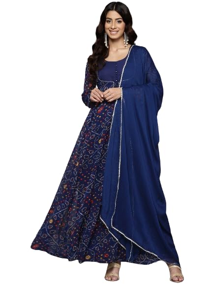 Varanga Women Bandhni Print with Gota Lace Embellished Anarkali Kurta with Dupatta Navy Blue