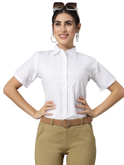 Style Quotient Women White Cotton Blend Formal Short Sleeve Shirt