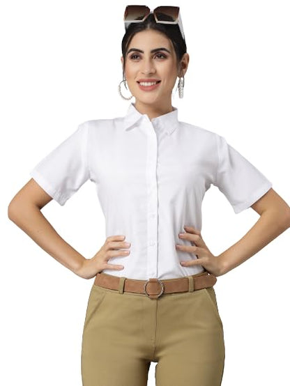 Style Quotient Women White Cotton Blend Formal Short Sleeve Shirt