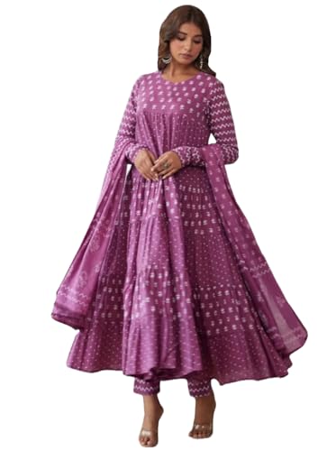 Anni Designer Pure Cotton Anarkali Kurta Palazzo Dupatta Set For Women | Flared Hem Style Kurta Set | 3 Piece Suit Set For Women