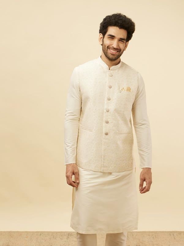 Manyavar Mens Cream Art Silk Jacquard Jacket