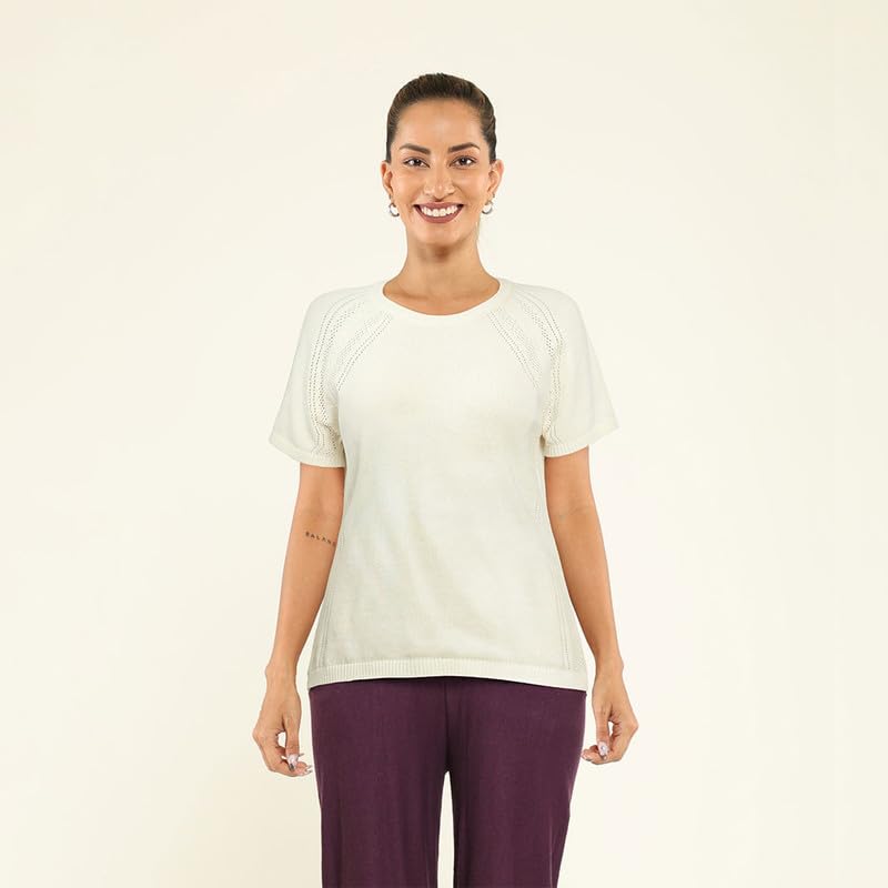 BlissClub Pointelle at-Ease CottonKnit Top | 100% Cotton top| Breathable | Ventilation Panels | Short Sleeves