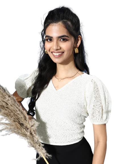 Style Quotient Women Self Design Floral White Lace Smart Casual Top