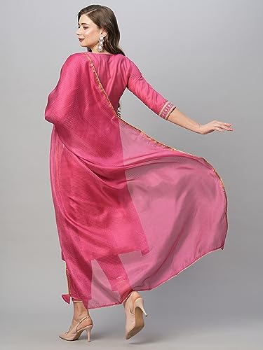 GoSriKi Womens Cotton Blend Floral Straight Kurta with Pant & Dupatta (BAGICHA-RANI-FNW-GS_Pink_XXX-Large)