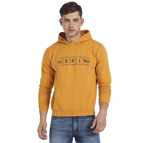 Campus Sutra Mens Mustard Yellow Inspire Hoodie with Kangaroo Pocket for Casual Wear | Hooded Neck | Long Sleeve | Pull On Clos