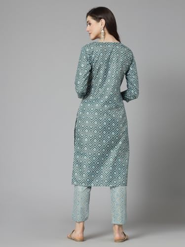 Stylum Women's Printed Cotton Blend Straight Kurta Pant Set (KPTINNYRAMA_Sea Green)