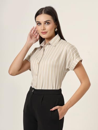 Style Quotient Women Beige and White Stripe Printed Polyester Regular Fit Formal Shirt