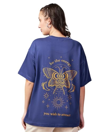 Bewakoof Heavy Duty 1.0 Womens Graphic Print Oversized Fit Half Sleeve Round Neck Cotton Blend T-Shirt_629058_Blue_S