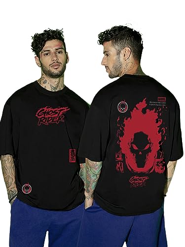 Bewakoof X Official Marvel Merchandise MenS Ghost Rider Spirit Of Vengeance Graphic Printed 100% Cotton T-Shirt - Oversized Fit