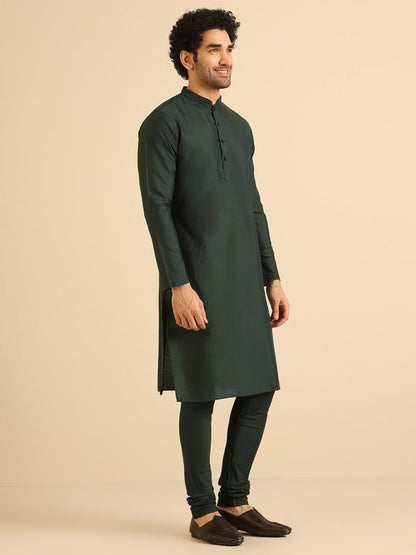 Kisah MenS Kurta, Bottle Green Cotton Blend, Solid Regular Fit Mandarin Collar Long Sleeves (42)