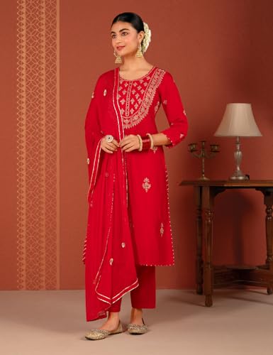 Kaari Ladies Dupatta Kurta Set, Embroidered Silk Blend, XL, Bridal Red, Model KAAAW24WSKD-70019
