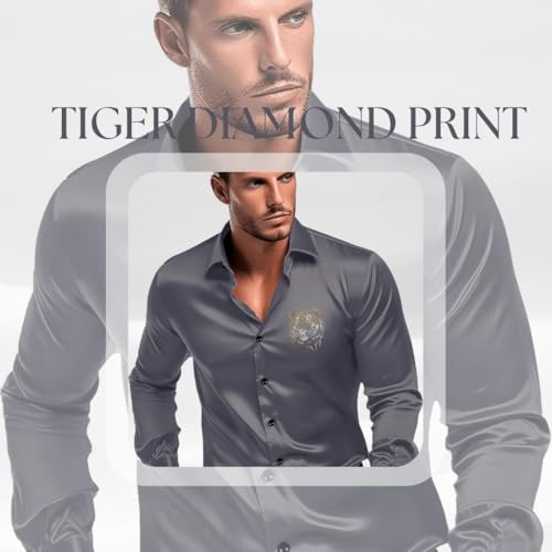 Indoprimo MenS Satin Stylish Club Wear Tiger Diamond Print Shirt Full Sleeve Darkgrey