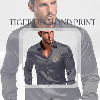 Indoprimo MenS Satin Stylish Club Wear Tiger Diamond Print Shirt Full Sleeve Darkgrey