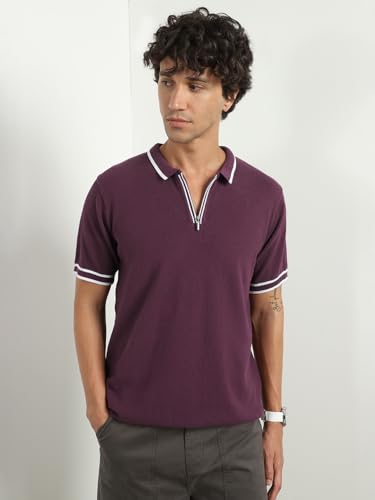 Nobero MenS Self Design Regular Fit Polo Shirt (1M-Twpo-R0028_Midnight Plum