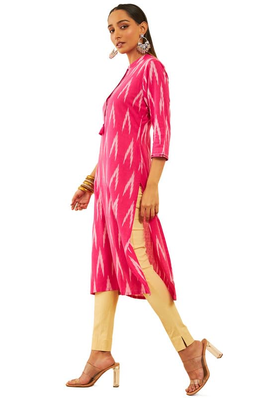 Soch Womens Pink Cotton Ikat Printed Straight Kurta With Sequins