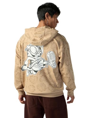 Bewakoof Official Garfield Merchandise MenS Aop Oversized Fit Full Sleeve Hooded Poly Cotton Hoodies_644646_Beige_3Xl
