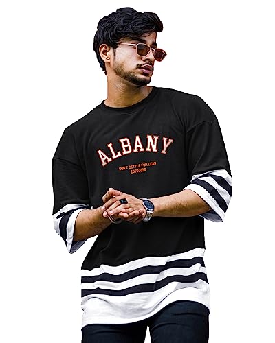 EYEBOGLER Oversized Loose Baggy Fit Drop Shooulder Half Sleeves Cotton Blend Printed T-Shirt for Men Black White