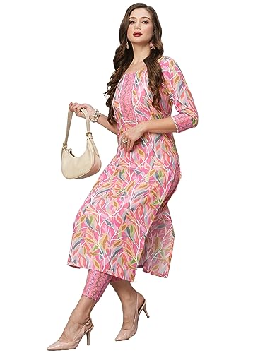 GoSriKi Womens Cotton Blend Floral Straight Kurta with Pant (Pahal-GS_Pink_2XL)