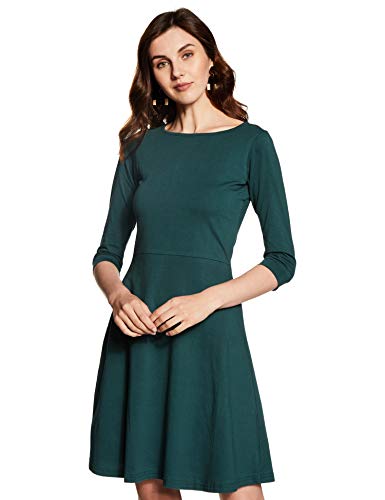 Miss Chase WomenS Super Soft Round Neck 3/4 Sleeves Solid Mini Skater Dress With Zip Closure | 3 Colors(Mcaw17D09-70-48-03, Gree