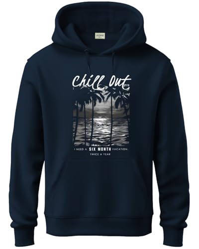 ADRO Men's Cotton Blend Neck Hooded Sweatshirt (H24-CHILL-NB_Navy Blue